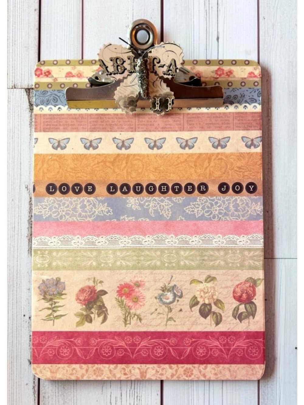 Handcrafted CLIPBOARD Upcycled Decopage Butterfly LOVE LAUGHER JOY 12 x 9